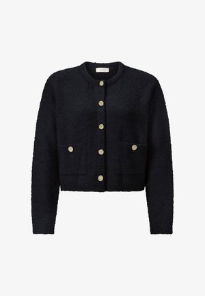 Zwarte, gekropte cardigan van textuurstof met een ronde hals, sluiting met knopen aan de voorkant en twee zakdetails, voorzien van goudkleurige knopen.