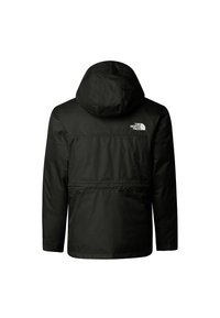 Black, hooded jacket made of lightweight material featuring a elastic waist and back logo detail. Smooth texture with a clean design.