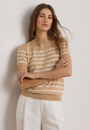 Lauren Ralph Lauren Petite STRIPED SHORT SLEEVE - Μπλουζάκι με στάμπα - ginger tan/mascarpone cream