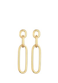 Boucles d'oreilles en métal couleur or présentant deux formes ovales liées, avec une texture lisse et brillante et des accents circulaires en haut.