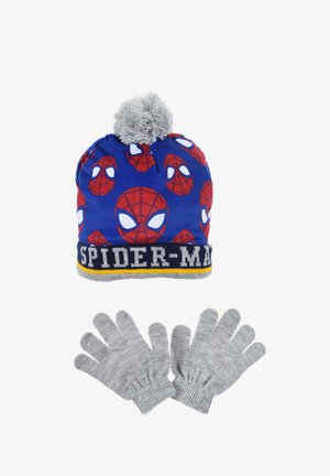 Gorro de punto azul con diseño de Spider-Man y un pom-pom gris en la parte superior. Incluye guantes de punto grises con puños acanalados.
