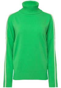 Maglione verde a collo alto con colletto e polsini a coste. Presenta strisce bianche in contrasto lungo le maniche. Materiale lavorato morbido.
