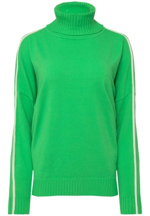 Suéter verde de cuello alto con un ribete en el cuello y los puños. Presenta rayas blancas en contraste a lo largo de las mangas. Material de punto suave.