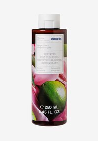Bruine plastic fles met een witte dop. Het etiket bevat groene tekst en een bloemend ontwerp en geeft aan dat het product een 250 ml Ginger Lime lichaamsreiniger is.