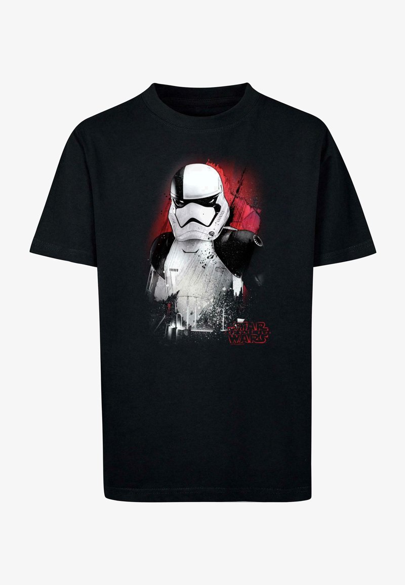 Schwarzes Baumwoll-T-Shirt mit einem Stormtrooper-Graphic und einem spritzenden roten Hintergrund sowie dem Text "Star Wars" in Rot am unteren Rand.