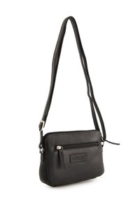 Schwarze Leder-Crossbody-Tasche mit verstellbarem Tragegurt, Reißverschluss oben und Vordertasche. Mit eingestanztem Logo und glatter Textur.