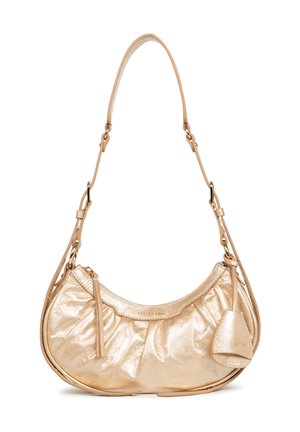 Metallic gold handbag with a crescent shape, textured surface, and gathered detailing. Features a long, adjustable strap and a small side pocket.