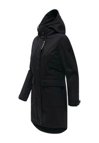 Musta pitkä huppariparkatakki, jossa on etuvetoketju, napsautettavat taskut, säädettävät hihansuut ja kiristysnauhalla varustettu huppu, esitetty valkoisella taustalla.