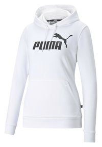 Hanorac alb din material moale, cu un buzunar tip cangur, manșete ribbate și un mare logo negru "PUMA" cu o siluetă de pisică sărind.