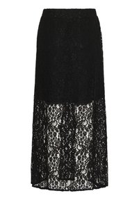 Gonna maxi nera in pizzo con design a strati, fondo leggermente trasparente, motivi floreali e vita aderente.