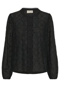 Blusa nera con un motivo floreale testurizzato, chiusura frontale con bottoni e maniche lunghe con polsini elasticizzati. Il colletto è decorato con pizzo.