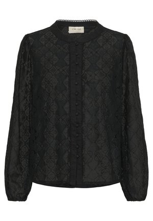 Zwarte blouse met een gemêleerd bloemenpatroon, knoopsluiting aan de voorkant en lange mouwen met elastische manchetten. De kraag is afgewerkt met een kantdetail.