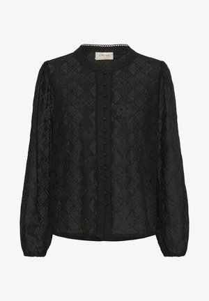 Zwarte blouse met een gemêleerd bloemenpatroon, knoopsluiting aan de voorkant en lange mouwen met elastische manchetten. De kraag is afgewerkt met een kantdetail.