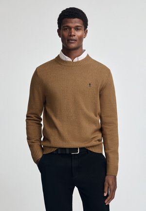 Brauner Strickpullover mit Rundhalsausschnitt und gerippten Bündchen, mit einem kleinen schwarzen Logo auf der linken Brust, getragen über einem Hemd mit Kragen.