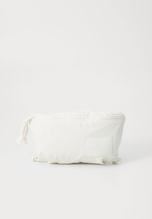 White fabric pouch with a zipper closure, featuring a textured logo patch and adjustable drawstring. Smooth surface, compact design.