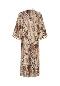 Brun och beige kimono-liknande morgonrock med en flytande design, prydd med ett marmormönster och korta, vida ärmar. Kragen och ärmsluten är kantade.