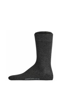 Dunkelgraue Socke aus strukturiertem Stoff, mit einem gerippten Bündchen und glattem Körper. Größe auf der Sohle als Hudson Easy 43-46 gekennzeichnet.