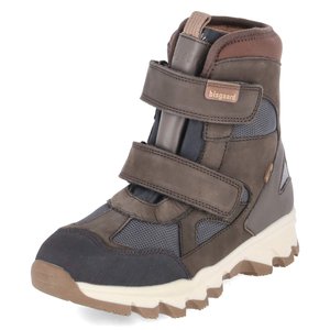 Botte montante marron et noire avec deux bandes velcro, panneaux latéraux en mesh et semelle épaisse blanche et marron à crampons.