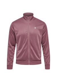 Lys pink træningsjakke, med lynlås fortil, høj krave, lange ærmer, glat tekstur og et hvidt logo på brystet.