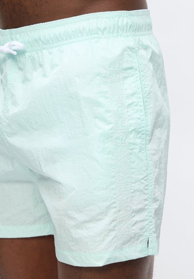 Άνδρας με κορμό που φοράει μαγιό Emporio Armani σε ανοιχτό πράσινο μέντας με ορατό λογότυπο στο πλάι και λευκό κορδόνι στη μέση.