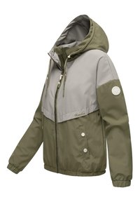 Groene en grijze capuchonjack met een rits aan de voorkant, elastische cuffs, twee zijzakken en een logo-patch op de mouw. Soepele textuur, casual ontwerp.