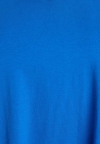 Jednoduché modré tričko vyrobené z bavlny, s hladkým povrchem a kulatým výstřihem. Žádné viditelné vzory ani ozdoby.