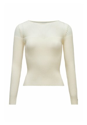 Top en maille crème à côtes avec manches longues, détail transparent sur le haut de la poitrine et les épaules, silhouette ajustée et encolure ronde.