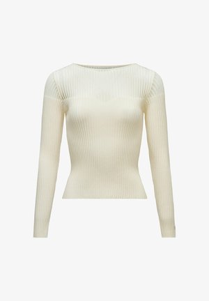 Top en maille crème à côtes avec manches longues, détail transparent sur le haut de la poitrine et les épaules, silhouette ajustée et encolure ronde.