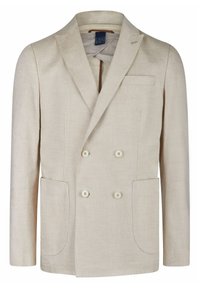 Beige linnen dubbele knoop jasje met geknopt revers, twee voorzakken en vier knopen. Glad textuur met een subtiele glans.