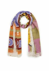 Écharpe multicolore en tissu léger, avec des motifs abstraits en violet, orange et rose, ornée de textes ludiques et d'accents.