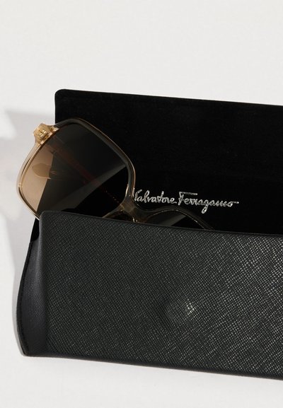 Solbriller med gjennomsiktige beige rammer og mørke linser, hvilende delvis i et teksturert svart etui med en sølvlogo.