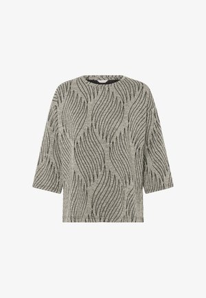 Szürke, rövid ujjú felső, lekerekített nyakkivágással és fekete hullámos mintával. Puha, strukturált szövetből készült. Laza szabás, az alja a deréknál ér véget.