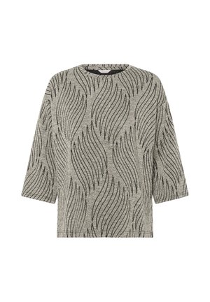 Top gri cu mânecă scurtă, cu decolteu rotund și un model în valuri de culoare neagră. Fabricat dintr-un material moale, texturat. Croială lejeră, tivul ajunge la talie.