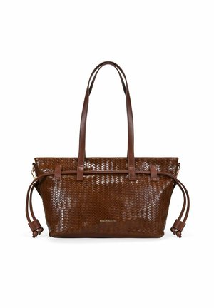 Bolso tote de cuero marrón tejido con dos asas largas y detalles laterales con cordón, con el logo de Bosanova en la parte delantera.