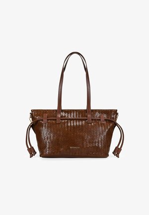 Bolso tote de cuero marrón tejido con dos asas largas y detalles laterales con cordón, con el logo de Bosanova en la parte delantera.