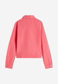 Chaqueta corta rosa hecha de tela suave. Presenta un cuello, mangas largas con puños de botón y un sutil detalle de costura en la parte posterior.