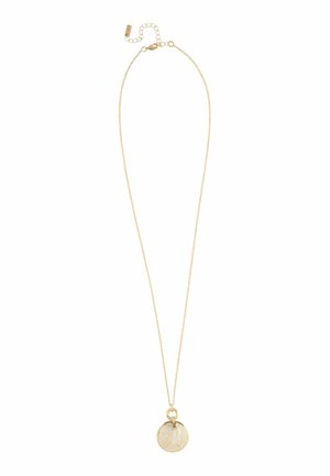 Delicate gold chain necklace with a round textured pendant featuring a leaf pattern and a small gold ring above it.