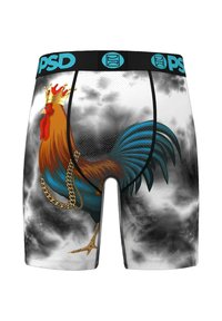 Férfi boxeralsó kakas grafikával, fekete derékkal, amelyen a "PSD" logó látható, színes dizájn felhős háttérrel.