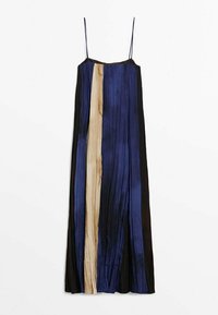 Satin-Maxikleid mit Falten, vertikalen Streifen in Marineblau, Hellbeige und Schwarz sowie dünnen verstellbaren Trägern.