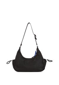Black shoulder bag made of textured fabric, featuring a curved shape, adjustable strap, and contrasting blue accent on the side.