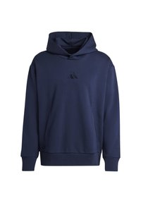 Felpa con cappuccio blu navy realizzata in morbido misto cotone, con tasca frontale e logo Adidas nero sul petto. Design semplice.