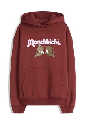 Marooninvärinen huppari edessä tasku, jossa on teksti "Monchhichi" ja kaksi sarjakuvaparatsevaa apinaa, joiden välissä on pieni punainen sydän.