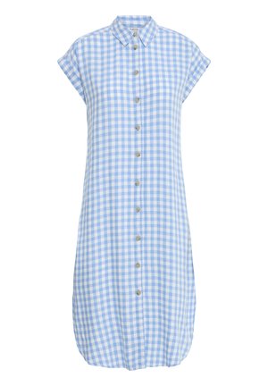 Ärmelloses, zum Knöpfen geschlossene Kleid mit blau-weißem Vichy-Karomuster, spitzem Kragen und knielangem Saum.