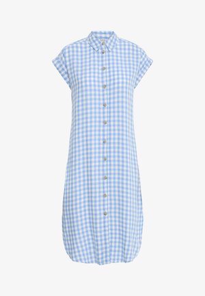 Ärmelloses, zum Knöpfen geschlossene Kleid mit blau-weißem Vichy-Karomuster, spitzem Kragen und knielangem Saum.