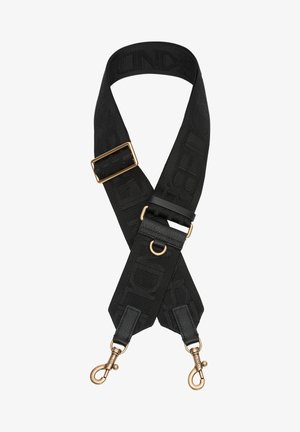 Schwarzer Stoffriemen mit geprägt Logo, ausgestattet mit goldfarbenen Beschlägen, verstellbarem Schnallenverschluss und zwei Clips an den Enden zur Befestigung an Taschen.