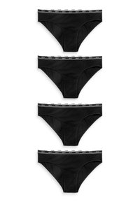 Crne pamučne bikini gaćice s bijelim elastičnim pojasom s "NEXT" brendiranjem, složene u set od četiri za kupnju.