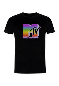 Černé bavlněné tričko s barevným logem MTV v purpurové, růžové, oranžové, žluté a zelené barvě s nápisem „MUSIC TELEVISION“ níže. Klasický střih.