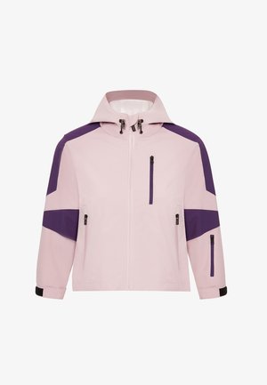 Różowa kurtka przeciwdeszczowa z purpurowymi akcentami, zapinanymi na zamek kieszeniami, regulowanym kapturem i gładką teksturą. Posiada kontrastowe panele na rękawach.