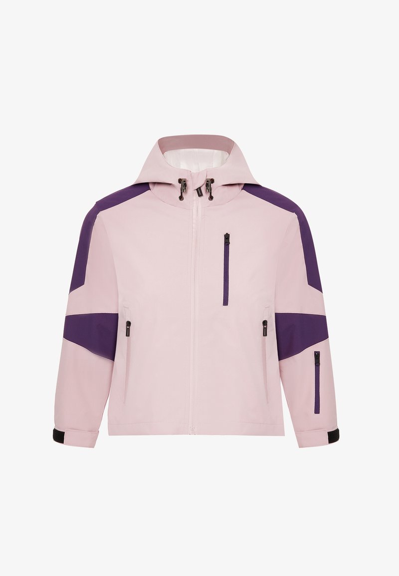 Pink vindjakke med lilla detaljer, lynlåslommer, justerbar hætte og en glat tekstur. Har kontrasterende paneler på ærmerne.