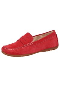 Rote Wildleder-Loafer mit glatter Oberfläche, gesteppten Details und gestreiftem Innenfutter. Flexible Gummisohle für Komfort.